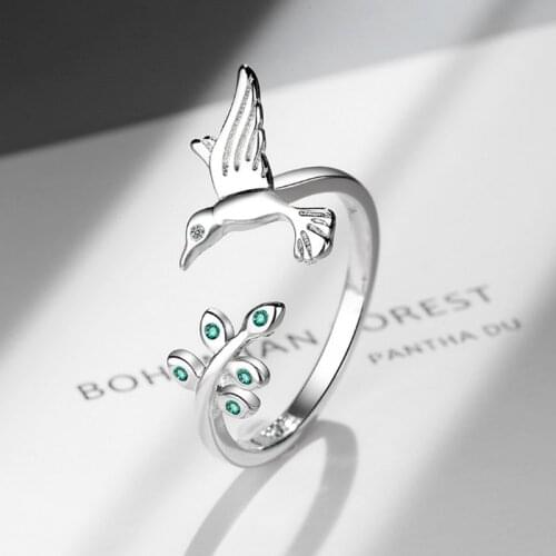 Flying Bird & Spring Tree Leaves Finger Ring for Women Open Size Hummingbirds Engagement Jewelry