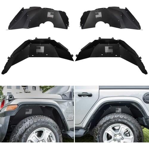 Front and Rear Inner Fender Liners for 2018-2020 Jeep Wrangler JL JLU Black Aluminum Lightweight Design Splash Guards US Logo