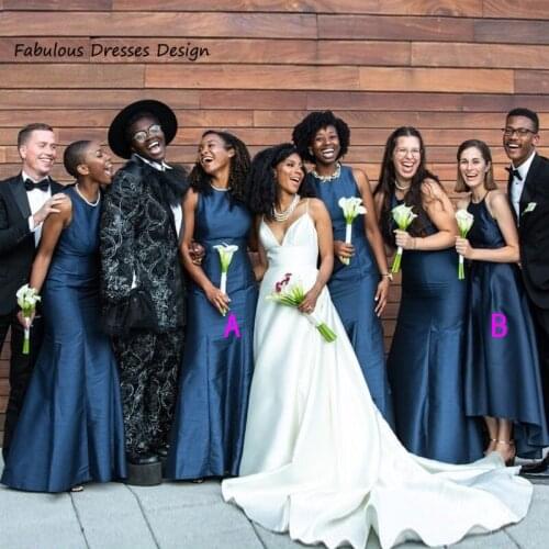 Simple Navy Blue Mermaid Bridesmaid Dresses 2021 Black Girls O-neck Long Wedding Party Dress For Women Cheap فساتين السهرة