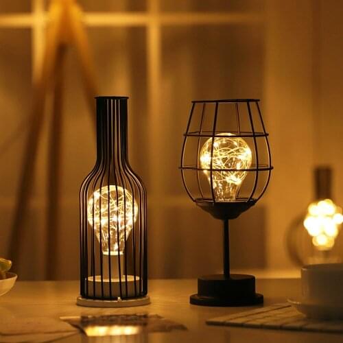 Retro Iron LED Lamp Copper Wire Night Light Creative Winebottle Desk Lamps Hotel Home Decor for Bedroom Battery Powered
