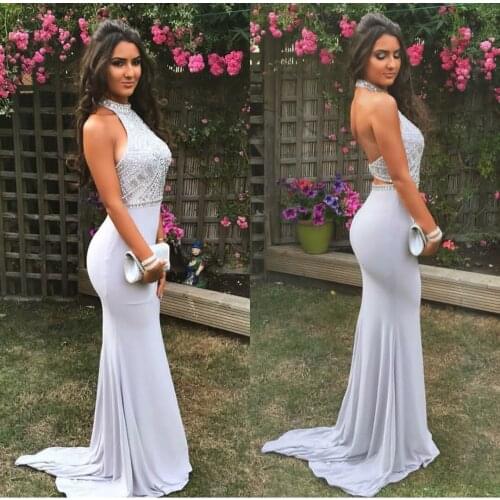 Sexy Long Halter Mermaid Beaded Prom Dresses with Train Custom Made Open Back Evening Gowns Party Dress for Women