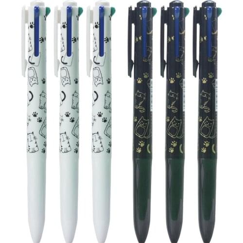 2 Pcs 4 In 1 Four-Color Black and White Cat Multicolor Ballpoint Pen Lovely Office Student Stationery Supplies
