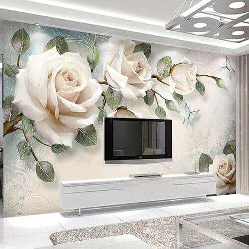 Custom Modern Hand Painted Oil Painting Floral European Style 3D Stereoscopic Embossed Rose TV Background Decor Wallpaper Flower