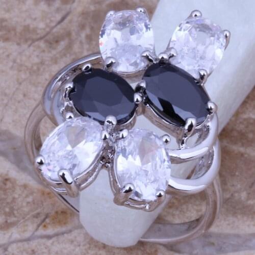 Glittering Black Cubic Zirconia White CZ Silver Plated Ring Size 6 / 7 / 8 / 9 D671