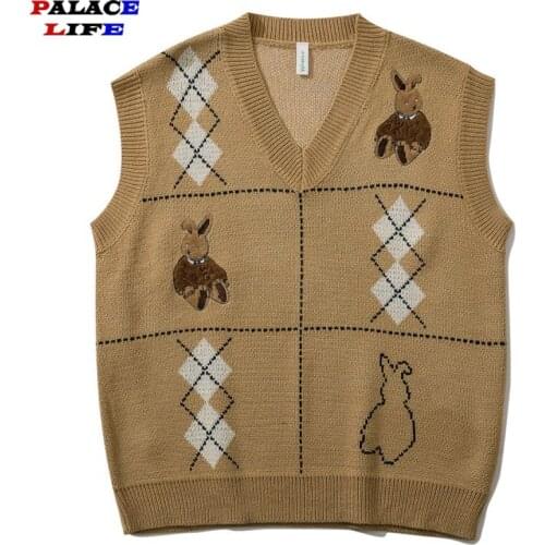 Vintage Rhombus Knitted Sweater Vest Men Rabbit Embroidery V Neck Sleeveless Sweaters 2021 Couples Korean Clothes College Style