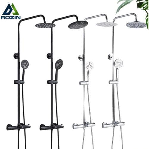 Rozin Thermostatic Shower Faucet Black and Chrome Color Rainfall Bathroom Fuacet Wall Mounted Shower Set with Handshower Mixers