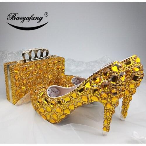 New Womens wedding shoes with matching bags Golden crystal wedding shoes Bride Bridesmaid party dress shoes and purse set