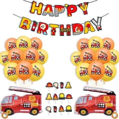 Fire Engine Balloon Set Happy Birthday Banner Paper for Birthday Party Baby Boy Favors for Kids Fire Truck Balloon Cupcake Decor