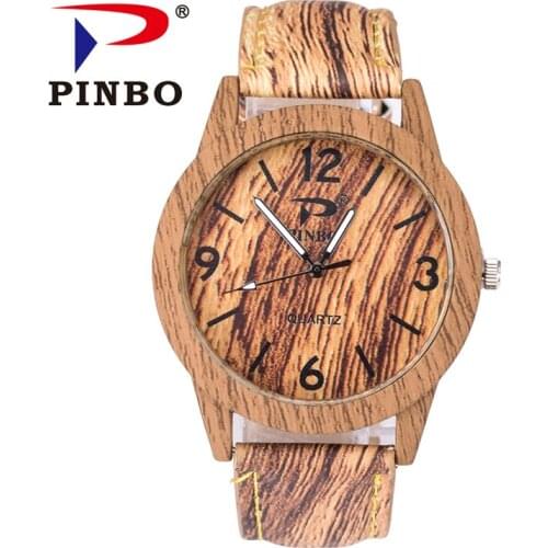 Zegarki Meskie PINBO New Luxury Fashion Watch Men Casual Vintage Lmitation Wood Leather Watches Sports Quartz Wristwatch Hot