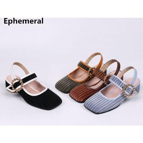 Women High Heels Sandals With Beading Buckle Square Toe Patchwork Flock Med Heel Plus Size 34 43 Strip Shoes Sandalias Zapatos