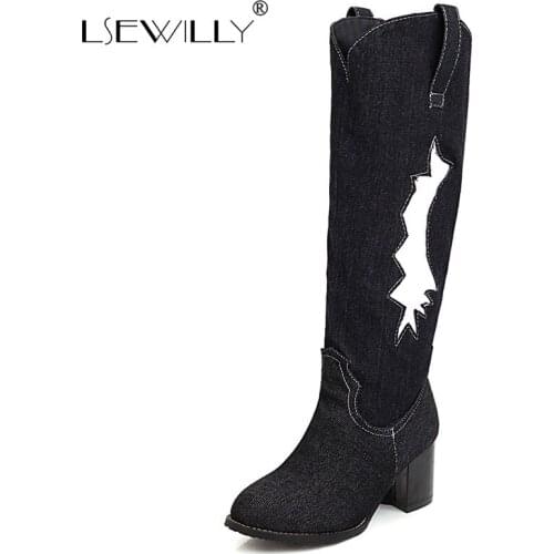 Lsewilly Retro Western Cowboy Denim Boots Knee High Women Block Heel Riding Knight Jean Boots Blue Large Size 34-48 Autumn Shoes