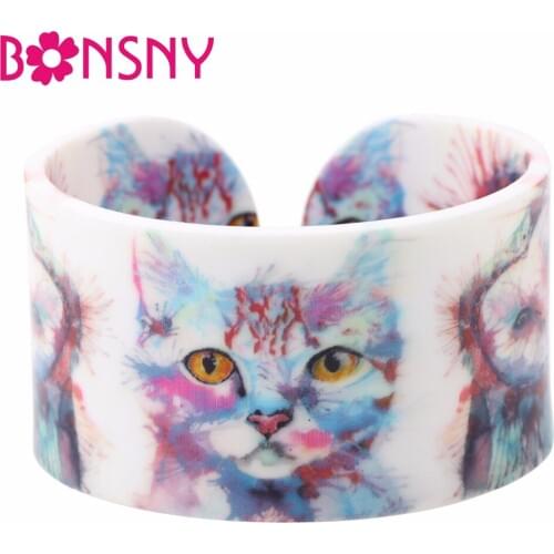 Bonsny Acrylic Wide Floral Cat Kitten Pattern Bangles Bracelet Fashion Animal Jewelry For Women Girls Gift Party Accessories New