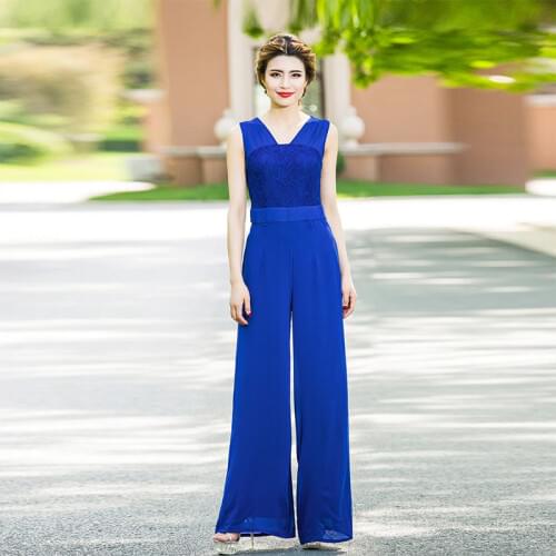 2020 Women Summer Jumpsuit Party Rompers Chiffon High Street Elegant Sapphire Blue Full Length Lace Jumpsuits Plus Size 3XL 4XL