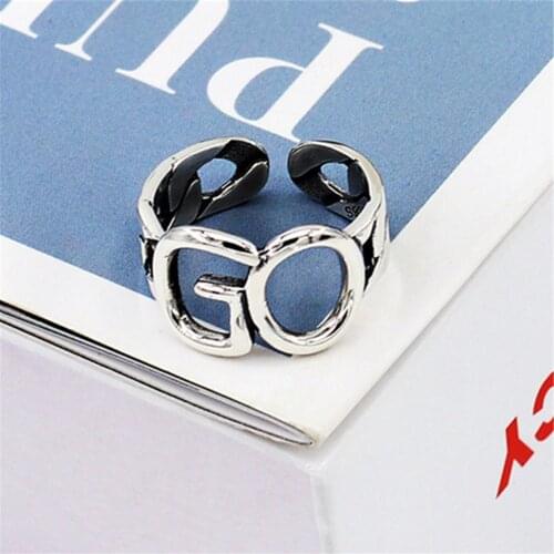 Korean Fashion Hollow Out Letter Go Ring Width Woven Opening Adjustable Geometric Ring for Women Girl Statement Jewelry Gift