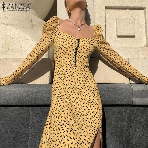 Womens Fashion Elegant Midi Dress ZANZEA Retro Floral Print Vestido Party Casual Square Collar Dresses 2021 Spring French Femme