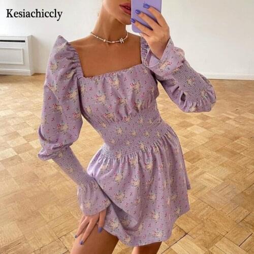 Kesiachiccly Women Floral Print Dress Elegant Butterfly Sleeve A-line Dress High Waist Work Wear Office Lady Autumn Dress 2021