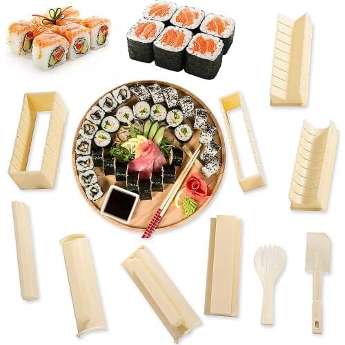 10 Pieces Plastic DIY Home Sushi Maker Tool Sushi Making Kit Complete with Sushi Rice Roll Mold Shapes Fork Spatula White