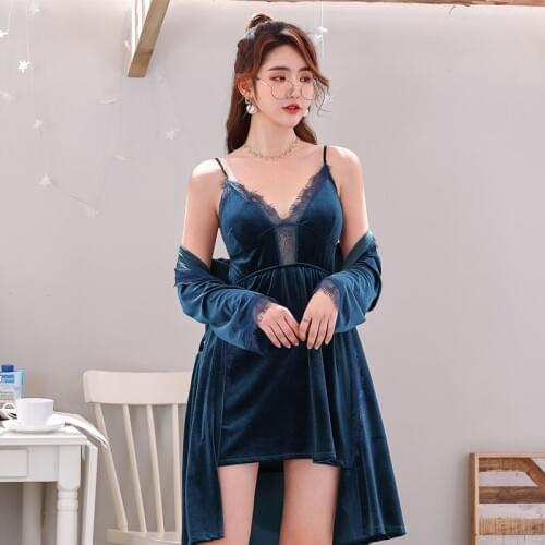 2PCS Sexy Thick Warm Gold Velvet Lace Nightgowns Robes Set for Women 2020 Winter Long Sleeve Sleepwear Suit Bathrobe Night Dress