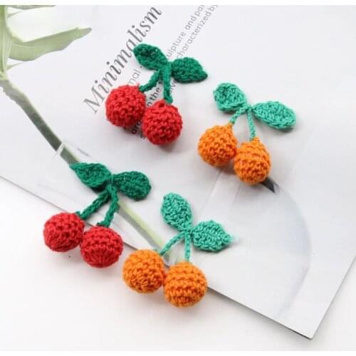 5Pcs Weave Knitted Wool Green Leaf Red Cherry DIY Craft Girl Earrings Pendant Hair Hat Bag Key Ring Clothing Accessories