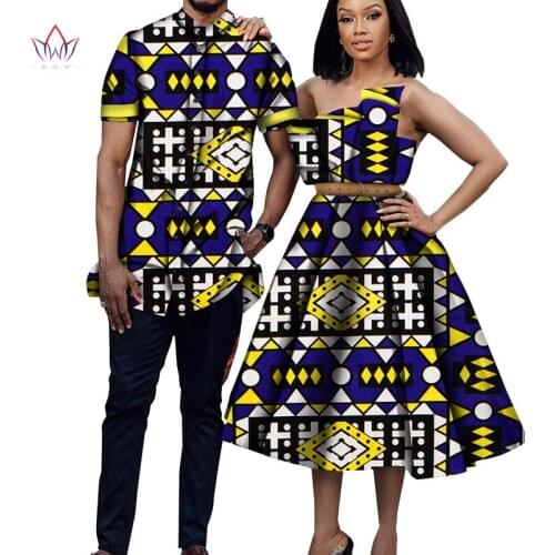 Bintarealwax African Print Clothes for Couple Dashiki Elegant Lady Party Dresses and Men Shirts Cotton African Clothing WYQ698