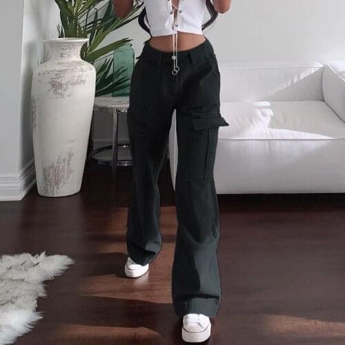 Y2K Black Casual Trousers Big Pocket Straight Pants High Waist Cargo Pants Classic Streetwear 90s Women Costume 2021 Rapwriter