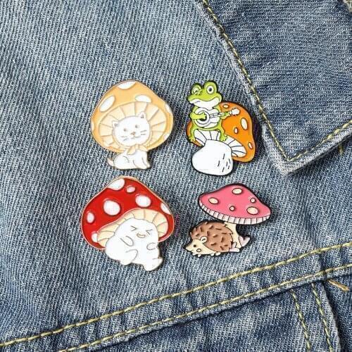 Cartoon Animal Enamel Pins Frog Hedgehog Cat With Mushroom Brooches Bag Clothes Lapel Pin Badges Funny Jewelry Accessories