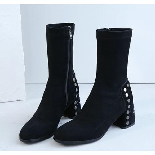 EshtonShero Shoes Woman Women Ankle Boots Square Med Heels Flock Platform Autumn Classic Ladies Motorcycle Sock Boots Size 3-9