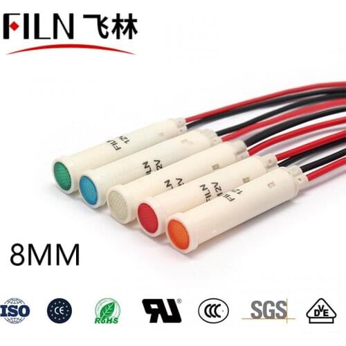 FILN Plastic 8mm 110v 24v wireless indicator light 12v led red green yellow pilot light with wire