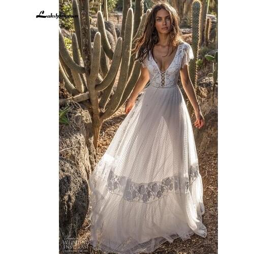 Robe mariée Sexy Backless Lace V Shape Back Short Sleeve Wedding Dresses Floor Length Bohemian Style vestido de fiesta de boda