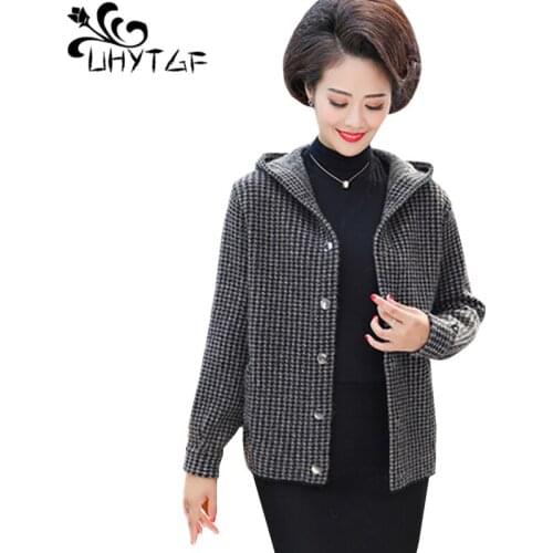 UHYTGF Quality mink fleece sweater jacket fashion hooded casual short cardigan women elegant mother loose 4XL plus size coat 998