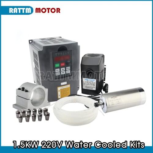 1.5KW 220V Water Cooling Spindle Motor Kit for CNC ER11+ 1.5KW 220V inverter VFD+80mm clamp+75W Water Pump+6m Pipe