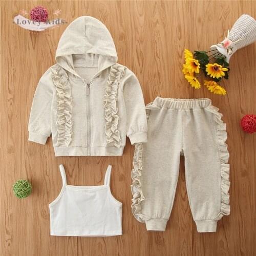 Girls Outfits 3PCS Set Sling Top Vest Hooded Coat Jackets Pants Tracksuit Ruffle Cotton Toddler Baby Kids Clothes 1-6Y