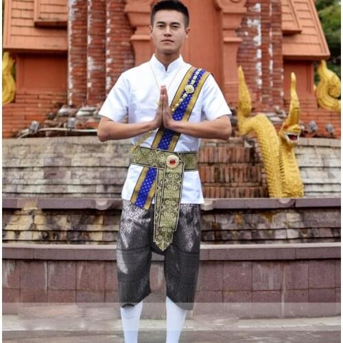 Dai imperial prince Outfit Thailand traditional mens wear water splashing Show Shirt +Pants + waistband photo travel show Suits