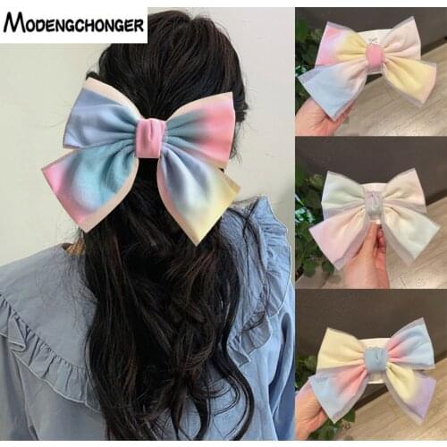 Fashion Big Bows Barrette Fabric Elastic Hair Bands For Women Girls Satin Lace Rainbow Color Hair Accessories Hair Clip Headwear