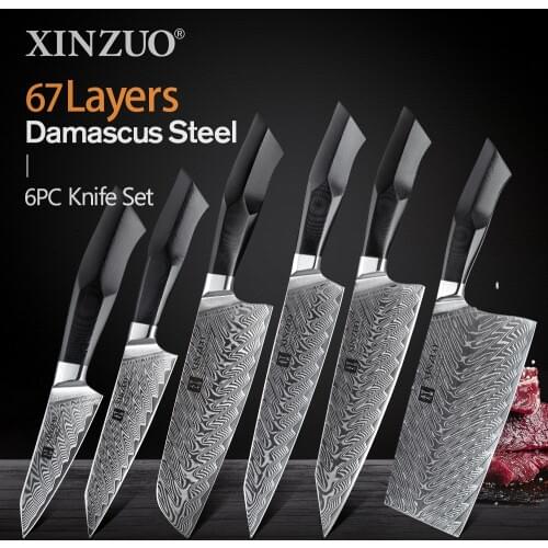 XINZUO 6 PCS Knife Set VG10 Damascus Steel Slicing Chef Santoku Carving Big Cleaver Meat Paring Kitchen Knife Set G10 Handle