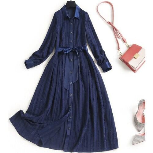 Women Long Sleeve Turn Down Collar Solid Blue Dress Spring Designers Clothes Casual Robe Femme Midi Aline Office Vestidos Female