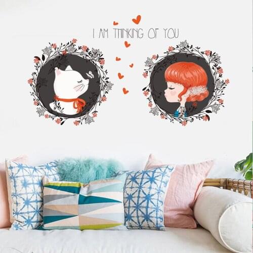 Romantic Flowers Vine Cartoon Love Girl Cat Wall Sticker Room Decoration Kids Bedroom Living Room Sofa PVC Removable Vinyl Decal