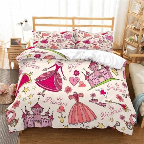Luxury 3D Pink Cartoons Princess Castle Print Kids Bedding Set Comfortable Duvet Cover Pillowcase Home Textile Queen/King Size