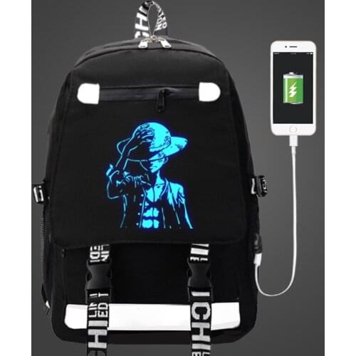 Monkey D Luffy One Piece Backpack USB Bag travel School Luminous Book Bag USB teenagers Laptop Zipper bag Glow in the dark
