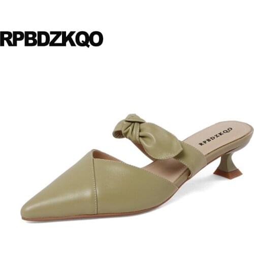 Thin Sandals Casual Ladies Kitten Heels Shoes Medium Green Cute Pumps Strap High Mary Jane Mules Slipper Cool Bow Pointed Toe