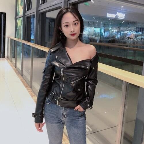 2020 Spring autumn sexy one shoulder slim belt PU leather jackets moto biker black faux leather coats A248