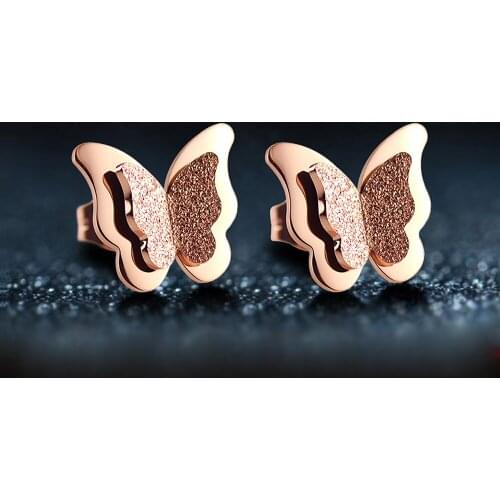 FATE LOVE Brand Women Stud Earrings Stainless Steel Rose Gold color Girl unique butterfly cute statement earing Fashion Jewelry