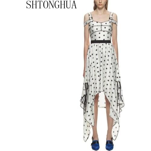 SHTONGHUA 019 Self Portrait Summer Runway Dress Sexy Spaghetti Strap White Stars Printed Dress Vintage Women Asymmetrical Dress