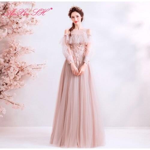 AnXin SH Pink lace Evening Dresses flower illusion beading crystal long sleeveless ruffles o neck pink lace evening dress 1726