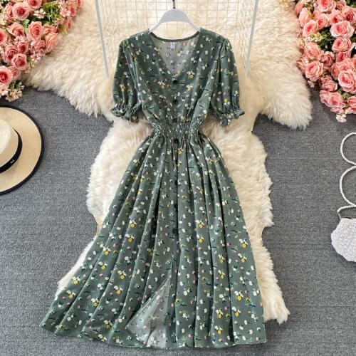 Summer Womens Chiffon White Dress V-Neck Short Sleeve Single Breasted Floral Midi Dress Elastic Waist Female Vestidos sukienka