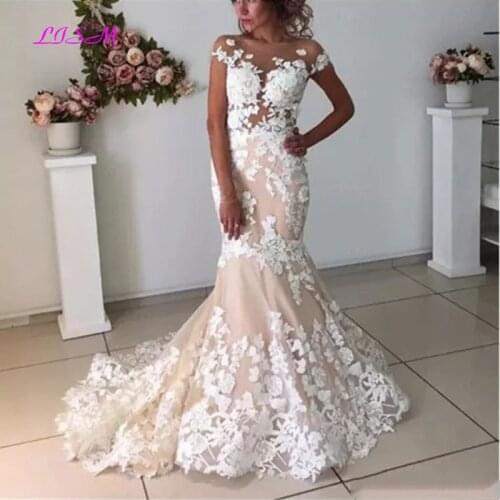Champagne Mermaid Wedding Dresses 2020 Sexy Backless Robe de Mariee Vintage Lace Floral Appliques Cap Sleeves Bridal Gowns
