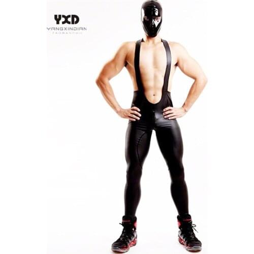 2021 Fashion Mens Sexy Leather Jumpsuits Ankle Patchwork U Open Crotch Zipper Sling Vest Bib Overalls For Men Suspender Pants
