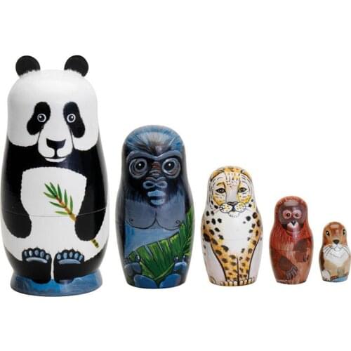 5Pcs/Set Panda Tiger Animal Wooden Russian Nesting Dolls Handmade Matryoshka Toy Children Toys Birthday Christmas New Year Gift