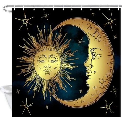 Boho Chic Art Golden Sun Moon and Stars Over Blue Black Sky Antique Style,Fabric Bathroom Curtains