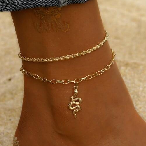VKME Bohemian Multi-layer Snake Pendant Anklets Set For Women Gold Chain Anklet Foot Ankle Bracelet Beach Jewelry